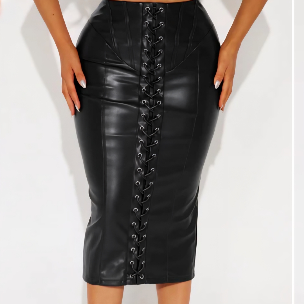 Black Faux Leather Lace-Up Midi Pencil Skirt